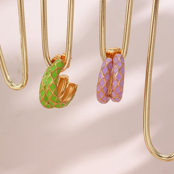 Lilac Purple Enamel Geometric Pattern Hoop Earrings 18K Gold Plated Stainless - Picture 5 of 11